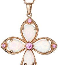 Amazon Collection 14K Rose Gold over Sterling Silver Created Opal with Created Pink Sapphire Cross Pendant Necklace