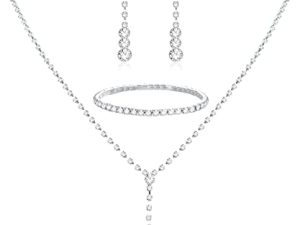 CASSIECA Silver Bridal Jewelry Set Rhinestone Necklace Bracelet Dangle Earrings for Bride Bridesmaid Teardrop Pendant Crystal Wedding Prom Jewelry Accessories for Women