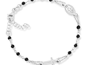 MiaBella 925 Sterling Silver Italian Natural Black Spinel Rosary Cross Charm Bead Bracelet for Women Teen Girls