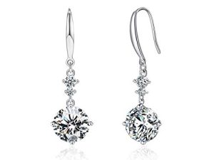 Drop Dangle Earrings 925 Sterling Silver Hook with 9MM 2.75ct CZ and 2pcs Small Cubic Zirconia Design 14K White Gold Plated Hypoallergenic Gorgeous Gift for Women and Girls