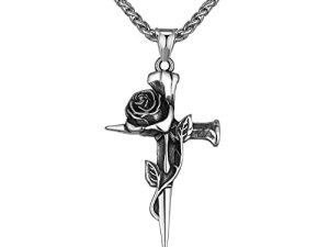Vintage Cross Pendant with Rose Flower Religious Necklace for Men Women