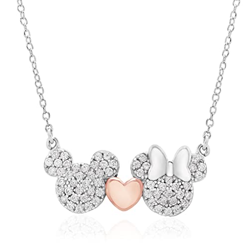 Disney Mickey and Minnie Mouse Sterling Silver Two Tone Cubic Zirconia Necklace with Pink Heart; Jewelry for Women Disney Mickey and Minnie Mouse Sterling Silver Two Tone Cubic Zirconia Necklace with Pink Heart; Jewelry for Women