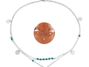 Tgirls Boho Bead Silver Turquoise Necklace Handmade Layered Pendant Necklace Sequin Turquoise Necklaces Western Necklace Jewelry for Women and Girls