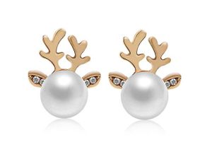 ROSTIVO Christmas Earrings for Women Stud Earrings Cute Pearl Antler Earrings for Teen Girls (Gold)