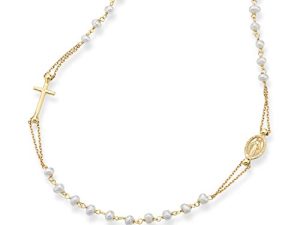 Miabella 18K Gold Over Sterling Silver Handmade Italian White Cultured Freshwater Pearl Ball Beaded Sideways Rosary Cross Necklace for Women Teen Girls