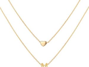 MOMOL 18K Gold Plated Stainless Steel Layered Heart Initial Necklace Personalized Tiny Letter Choker Necklace Monogram Name Necklace for Women Girls