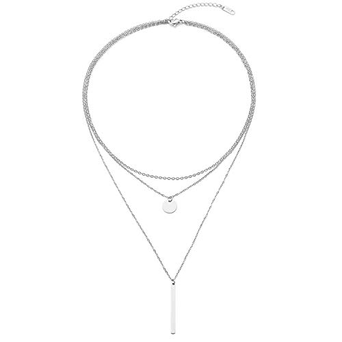 LETTARIUS Disc Bar Pendant Layering Necklace Stainless Steel Layered Chain Choker LETTARIUS Disc Bar Pendant Layering Necklace Stainless Steel Layered Chain Choker