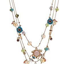 Betsey Johnson Woven Mixed Multi-Colored Bead Flower Heart Illusion Necklace