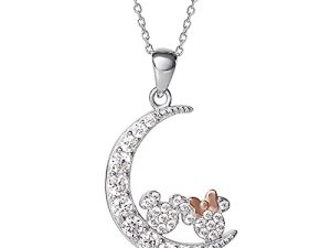 Disney Mickey and Minnie Mouse Sterling Silver Cubic Zirconia Moon Pendant Necklace