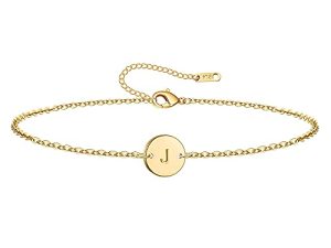 Ovian Initial Charm Bracelet for Women 18K Gold Plated Stainless Steel Coin Disc Engraved Letter Bracelet Personalized Monogram Name Bracelet for Girls