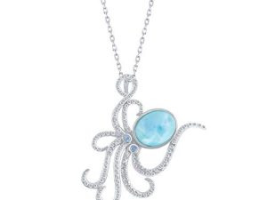 Nautical Octopus Caribbean Natural Larimar Gemstone Sterling Silver Pendant 18’’ Necklace Jewelry for Women or Teens
