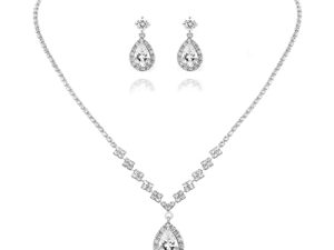 Aukmla Bride Wedding Necklace Earrings Set Silver Rhinestones Necklaces Bridal Crystal Jewelry Accessories for Women and Girls (Set of 3)