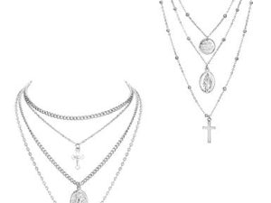 ORAZIO 2PCS Layered Choker Necklaces for Women Tag Coin Cross Crucifix Blessed Virgin Mary Pendant Necklace Chain Silver Tone Gold Tone
