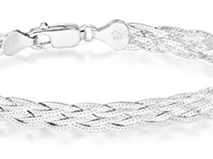 Miabella 925 Sterling Silver Italian 6-Strand Diamond-Cut 7mm Braided Herringbone Chain Bracelet for Women Teen Girls