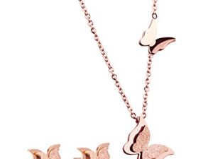 WDSHOW 18k Rose Gold Butterfly Stud Earrings Necklace Set for Women