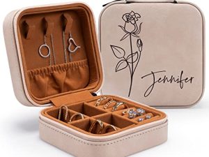 Custom Leather Jewelry Box w/ Name & Birth Flower Month - Birthday Gifts for Women