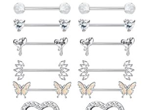 BESTEEL 8 Pairs Nipple Rings 14G Stainless Steel Nipplerings CZ Heart Butterfly Ball Tongue Barbell Rings Retainer Body Piercing Jewelry for Women