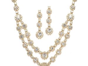 Mariell Gold Two-Row Rhinestone Crystal Necklace and Earrings Set - Prom