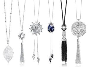 Jstyle 6Pcs Long Pendant Necklaces for Women Long Sweater Necklaces Silver Flower Tassel Disk Circle Leaf Statement Sweater Chain Necklace for Women Y Necklace Set Fashion Jewelry