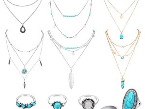 14 Pcs Western Jewelry for Women Boho Turquoise Necklace Rings Jewelry Set Bohemian Joint Knuckle Rings Set for Women