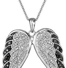 Amazon Collection Sterling Silver Black and White Diamond Angel Wings Pendant Necklace (1/2 cttw)