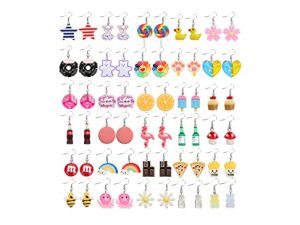 BOMOGLE 30 Pairs Weird Fun Cute Earrings for Women Kawaii Earrings Including Flamingo Rainbow Duck Gummy Bear Water Bottle Pizza Fries Mushroom Conch Drop Dangle Earring Set for Girls