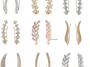 MERNARLAR 9 Pairs Gold Silver Rose Gold Crystals Ear Cuffs Earrings Simple Chic Hollow Leaf Crystal Ear Crawlers Earrings Set Hypoallergenic Earring