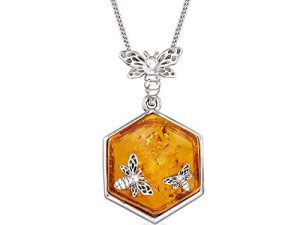 Ross-Simons Amber Honeycomb and Bumblebee Pendant Necklace in Sterling Silver