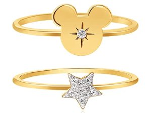 Disney Womens Stackable Ring Set Size 7 - 18K Gold-Plated Sterling Sliver Rings - Mickey Mouse Ring - CZ Star Ring Rings