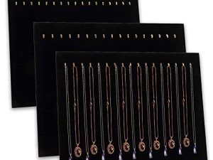 Foraineam 3 Pack Black Velvet Jewelry Display with 17 Hooks Necklace Tray Organizer Pad Bracelets Pendants Chains Showcase Stands