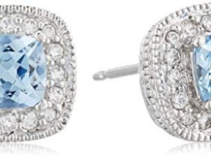 Amazon Collection Sterling Silver Cushion Cut Birthstone and Created White Sapphire Halo Stud Earrings