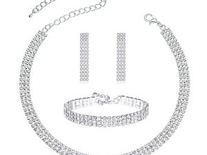 3/4 Pieces Women Jewelry Set Rhinestone Crystal Bride Statement Choker Necklace Tiara Crown Link Bangle Bracelet Teardrop Dangle Earrings Set for Wedding Party