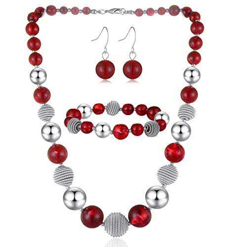 Beaded Chunky Statement Necklace Earring and Bracelet Set Silver Metal Bead Fashion Jewelry Set Mothers’ Day Gifts for Women Beaded Chunky Statement Necklace Earring and Bracelet Set Silver Metal Bead Fashion Jewelry Set Mothers’ Day Gifts for Women