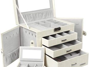 Homde Jewelry Box for Women Girls with Small Travel Case Mirror Necklace Ring Earrings Organizer White Wood Grain