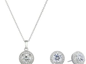 Amazon Collection Sterling Silver Cubic Zirconia Halo Pendant Necklace and Stud Earrings Jewelry Set