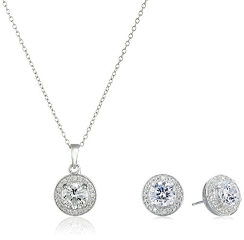Amazon Collection Sterling Silver Cubic Zirconia Halo Pendant Necklace and Stud Earrings Jewelry Set Amazon Collection Sterling Silver Cubic Zirconia Halo Pendant Necklace and Stud Earrings Jewelry Set