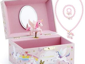 Musical Jewelry Glitter Storage Box and Jewelry Set for Little Girls with Spinning Unicorn and Rainbow - Over the Waves Tune Pink