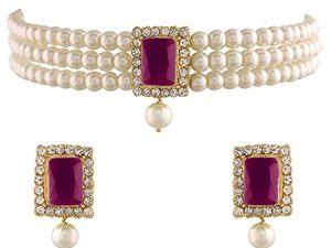 I Jewels 18K Gold Plated Indian Wedding Handcrafted Beaded Emerald Choker with Earrings for Women/Girls