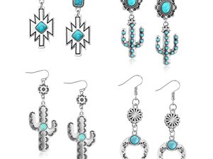 4 pairs Western National Style Vintage earrings set Turquoise Stone cactus Western Cowboy earrings for Women and Girls