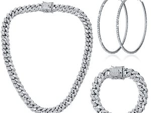 Cuban Link Chain Necklace Bracelet Rhinestone Hoop Earrings Set Bling Necklace Bracelet Crystal Big Circle Earrings for Girls (Rose Gold