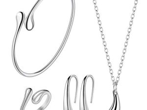 4PCS 925 Sterling Silver Jewelry Set for Women Teardrop Pendant Necklace Earrings Bracelet Ring Fit with Party Meeting Dating Wedding Daily Birthday Gift