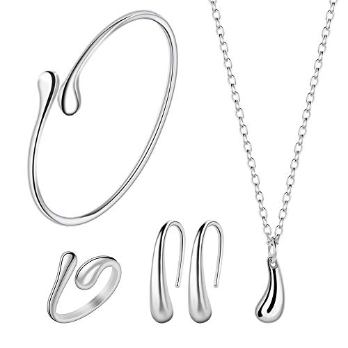 4PCS 925 Sterling Silver Jewelry Set for Women Teardrop Pendant Necklace Earrings Bracelet Ring Fit with Party Meeting Dating Wedding Daily Birthday Gift 4PCS 925 Sterling Silver Jewelry Set for Women Teardrop Pendant Necklace Earrings Bracelet Ring Fit with Party Meeting Dating Wedding Daily Birthday Gift