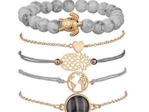 VONRU Beaded Bracelets for Women - Adjustable Charm Pendent Stack Bracelets For Women Girl Friendship Gift Rose Quartz Bracelet Links with Pearl Gold Plated