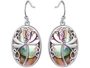 Barzel 18K White Gold Plated Abalone Dragonfly Dangling Earrings