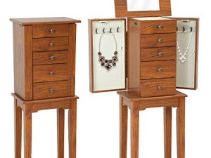 Jewelry Armoire Standing Jewelry Cabinet 5 Drawers 2 Side Doors And 8 Necklace Hooks Wood Storage Cabinet Chest With Top Storage Organizer Flip Mirror (Brown）