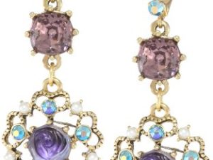 Betsey Johnson Carved Flower Medallion & Crystal Gem Drop Earrings