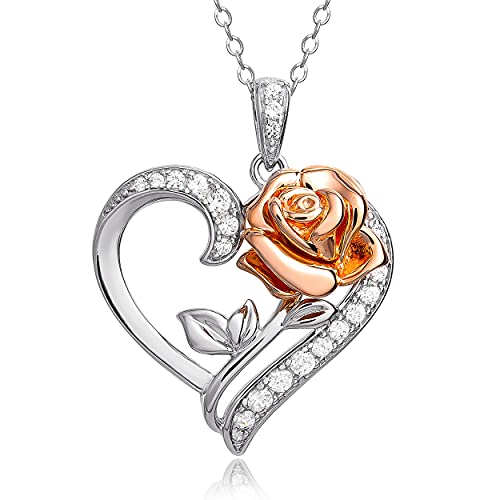 Disney Jewelry for Women - Beauty and the Beast Two Tone Rose and Heart Sterling Silver Pendant Necklace Disney Jewelry for Women - Beauty and the Beast Two Tone Rose and Heart Sterling Silver Pendant Necklace