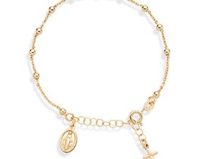 Miabella 18K Gold Over Sterling Silver Italian Rosary Cross Bead Charm Link Chain Bracelet for Women Teen Girls