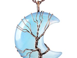 Bivei Tree of Life Crescent Moon Necklace Copper Wire Wrap Natural Gemstones Pendant Crystals and Healing Stones Necklace
