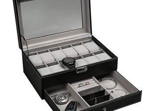 Ogrmar 12 Slot PU Leather Lockable Watch Storage Boxes